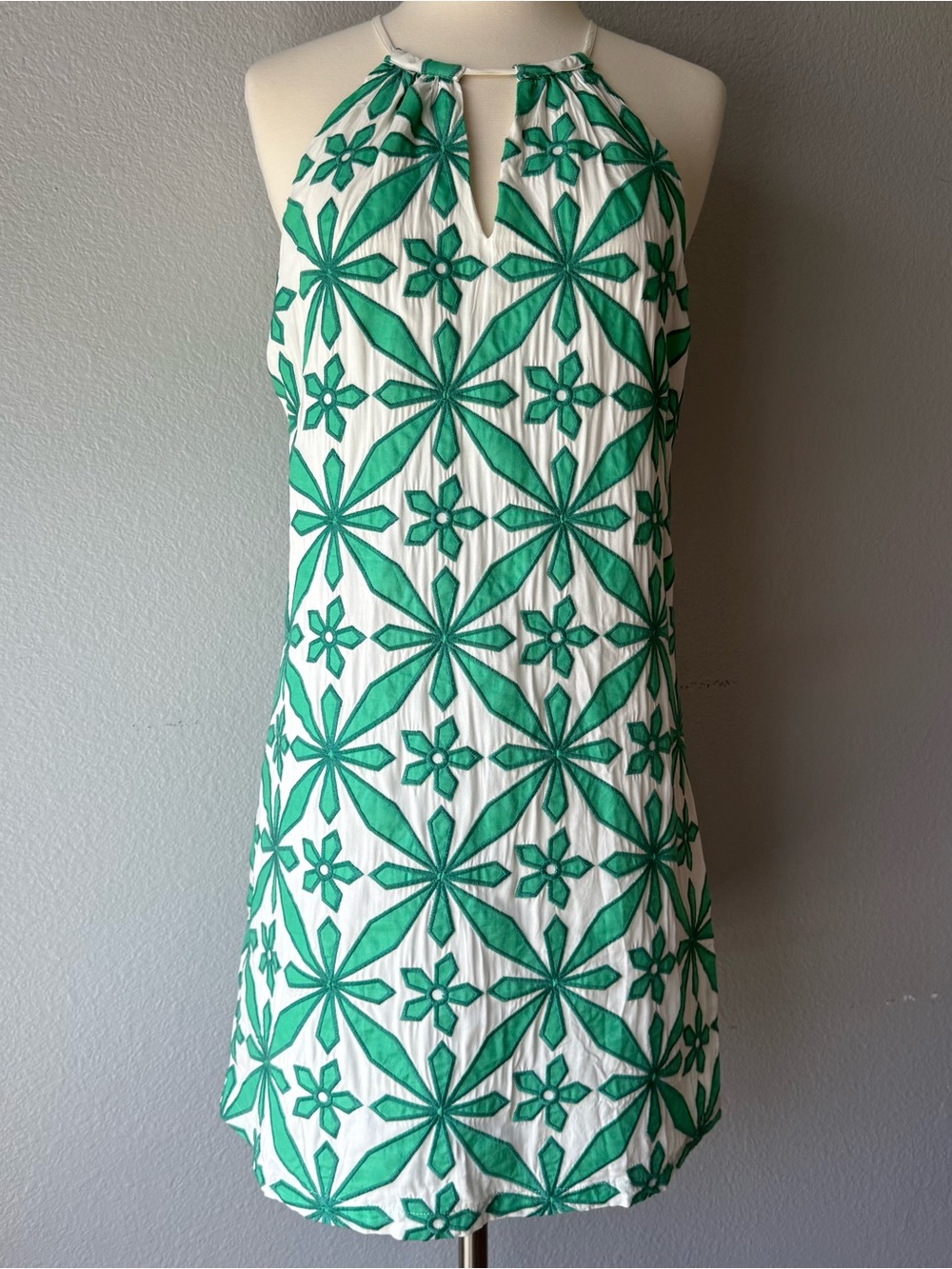Coast Summer White Halter Shift Dress with Green Floral Embroidery